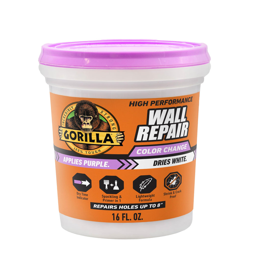 Gorilla High Performance Wall Repair Color Change, 16 Ounce Tub, Applies Purple, Dries White – Spackling & Primer in One, Shrink & Crack Resistant
