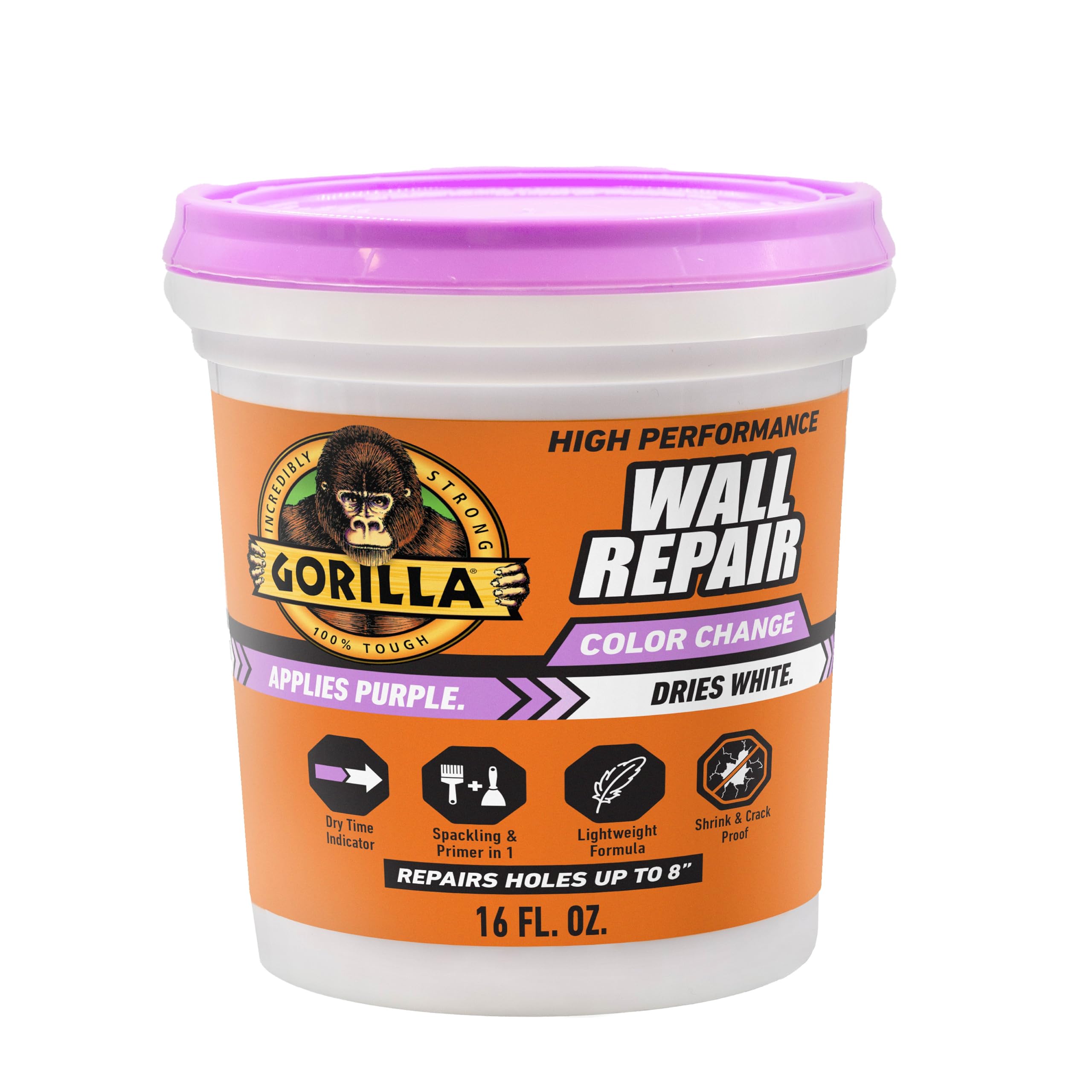 Gorilla High Performance Wall Repair Color Change, 16 Ounce Tub, Applies Purple, Dries White – Spackling & Primer in One, Shrink & Crack Resistant