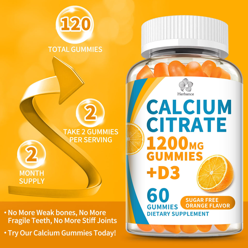 (2 Pack) Calcium Citrate 1200 mg Gummies with Vitamin D3, High Absorption Calcium Supplements for Women & Men, Sugar Free, Non-GMO, Gluten Free, Supports Muscle & Immune - Orange Flavor