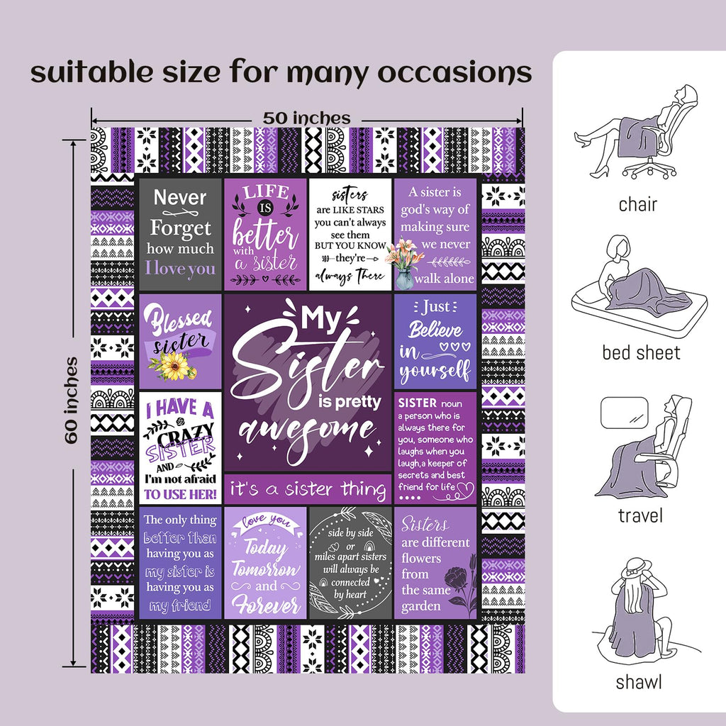 Sister Gifts Blanket, Happy Birthday Gifts for Sister, Unique Gift for My Dear Sis on Mothers Day Christmas - Soft Throw Blanket 60" x 50 (Purple)