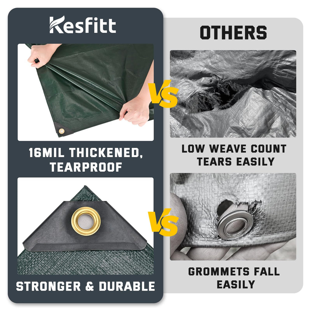 Kesfitt 16 Mil Heavy Duty Waterproof Tarp with Metal Grommets, Dark Green & Blue Reversible Poly Tarp, 10x10 ft, for Outdoor Protection, Yard, Garden, Farm, Camping & Equipment Coverage