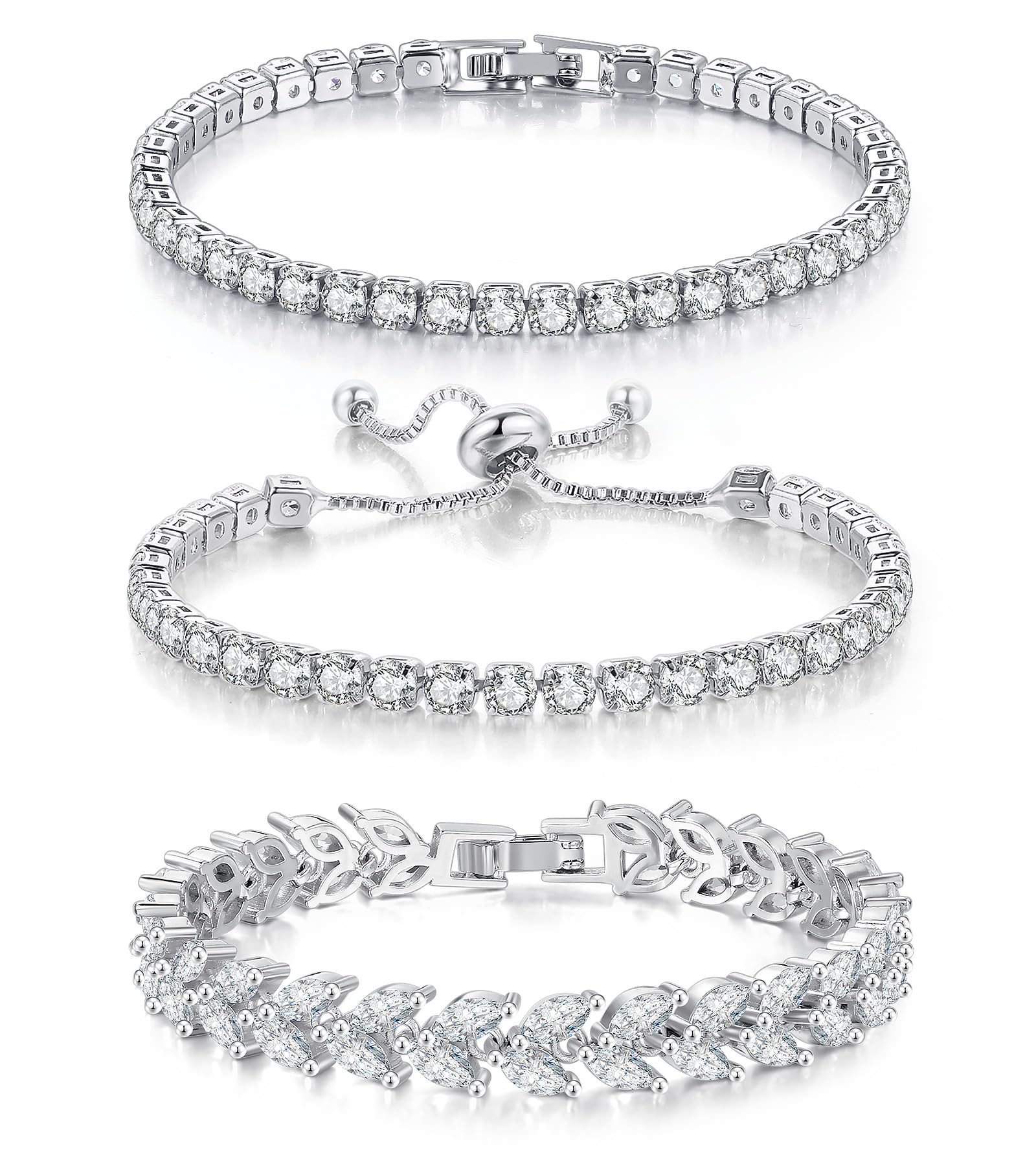 GEMOSA 3 Pcs Tennis Bracelets for women Silver Bracelet Set