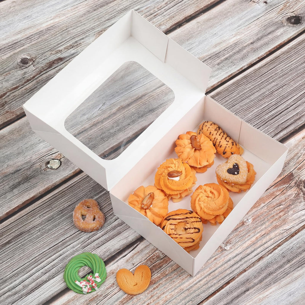 YEKTFS 24 Pack Cookie Boxes with Window, 9x6x3 Inch White Bakery Containers for Desserts, Candy, Muffins, Donuts, Chocolate Covered Strawberries & Gift Giving