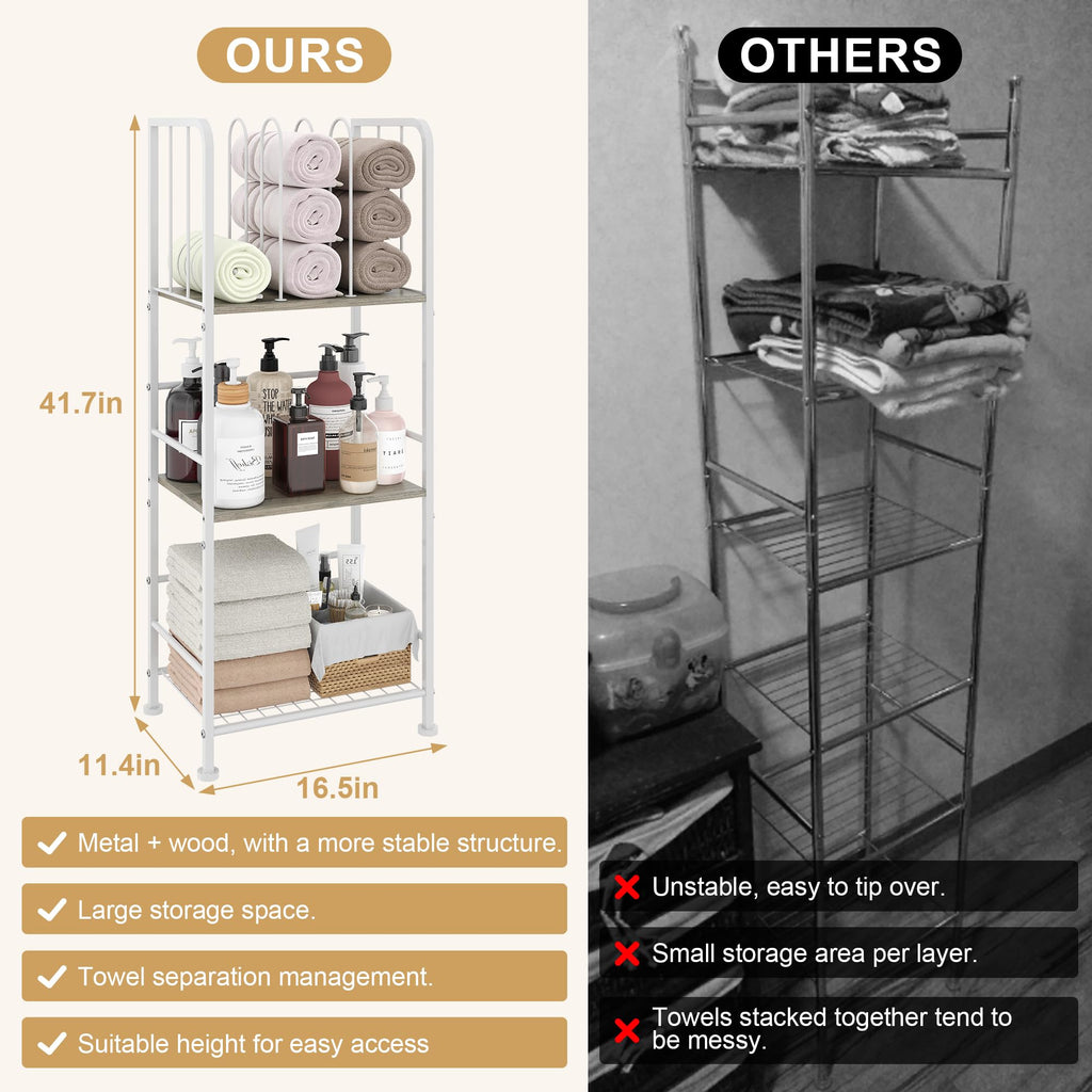 Towel Rack Free Standing 3-Tier M-Shaped Detachable Dividers, Durable Metal Holder, Pool Towel Rack, Space-Saving Towel Storage Organizer, Modern Bath Towel Shelf for Home, Poolside, White