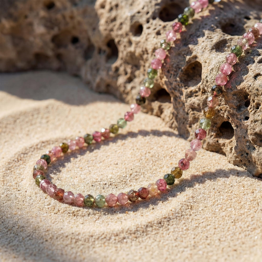 Faceted Multi-Color Tourmaline Anklet for Women - Rainbow Gemstone Beads Anklet with Sparkling CZ Tail Charm - 22cm + 5cm Adjustable 14K Gold Plated Foot Chain - October Birthstone Jewelry Gift for Her, Summer Beach Vacation