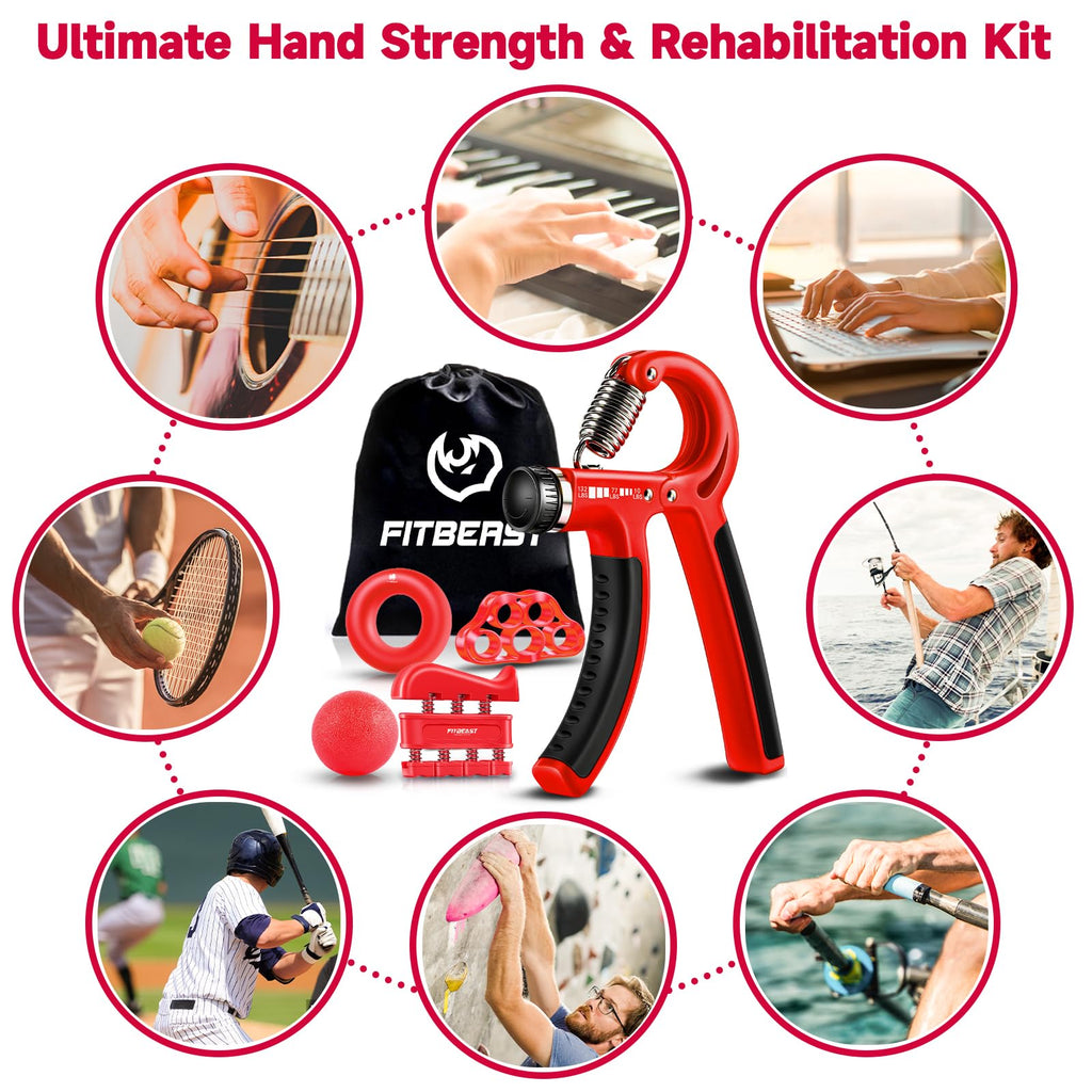 FitBeast Grip Strengthener Forearm Strengthener Hand Grips Strengthener Kit - 5 Pack Adjustable Resistance (Red)