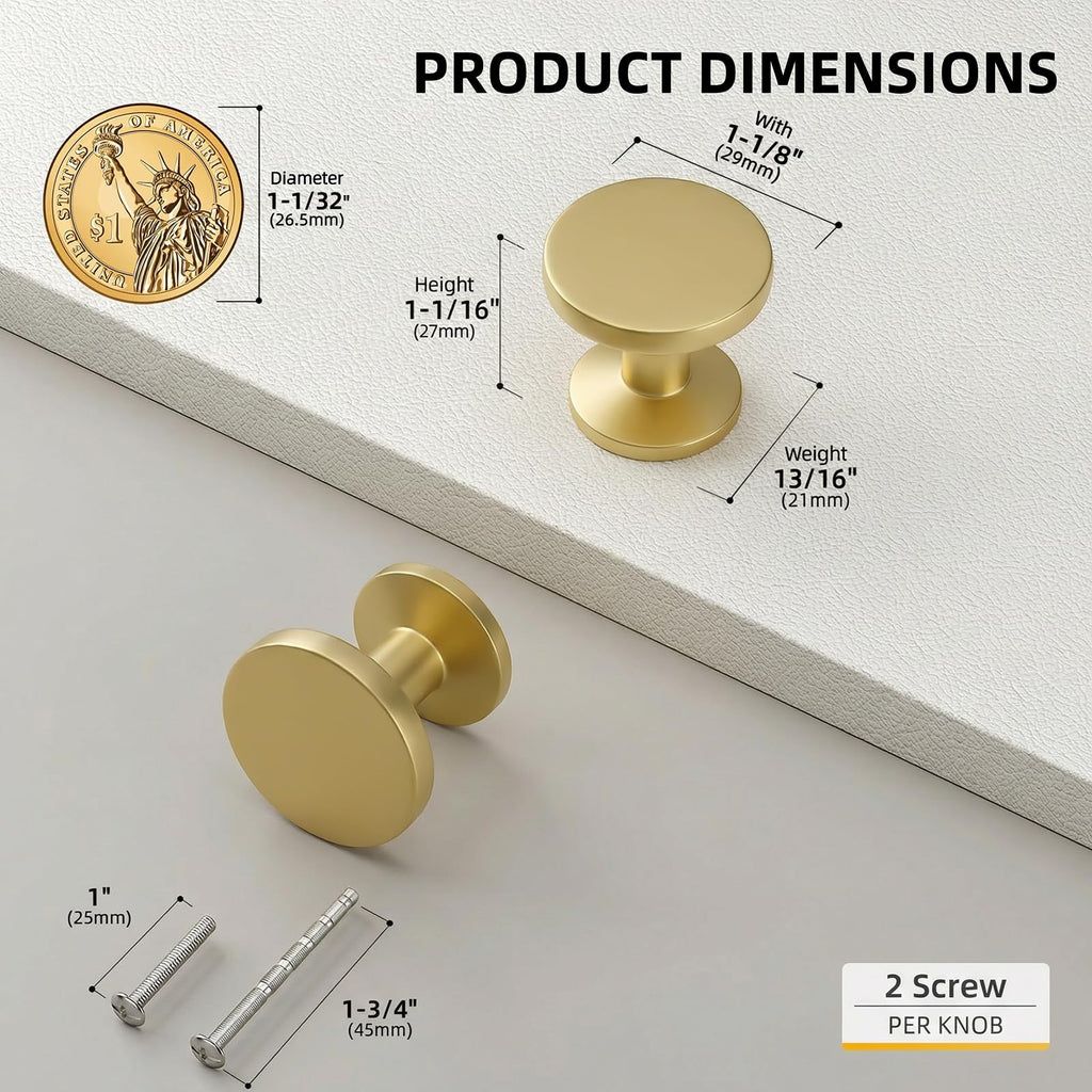 Goldenwarm 20 Pack Brushed Brass Cabinet Knobs Round Gold Drawer Knobs Kitchen Cabinet Handles Solid Zinc Alloy Pulls for Bathroom Dresser Hardware