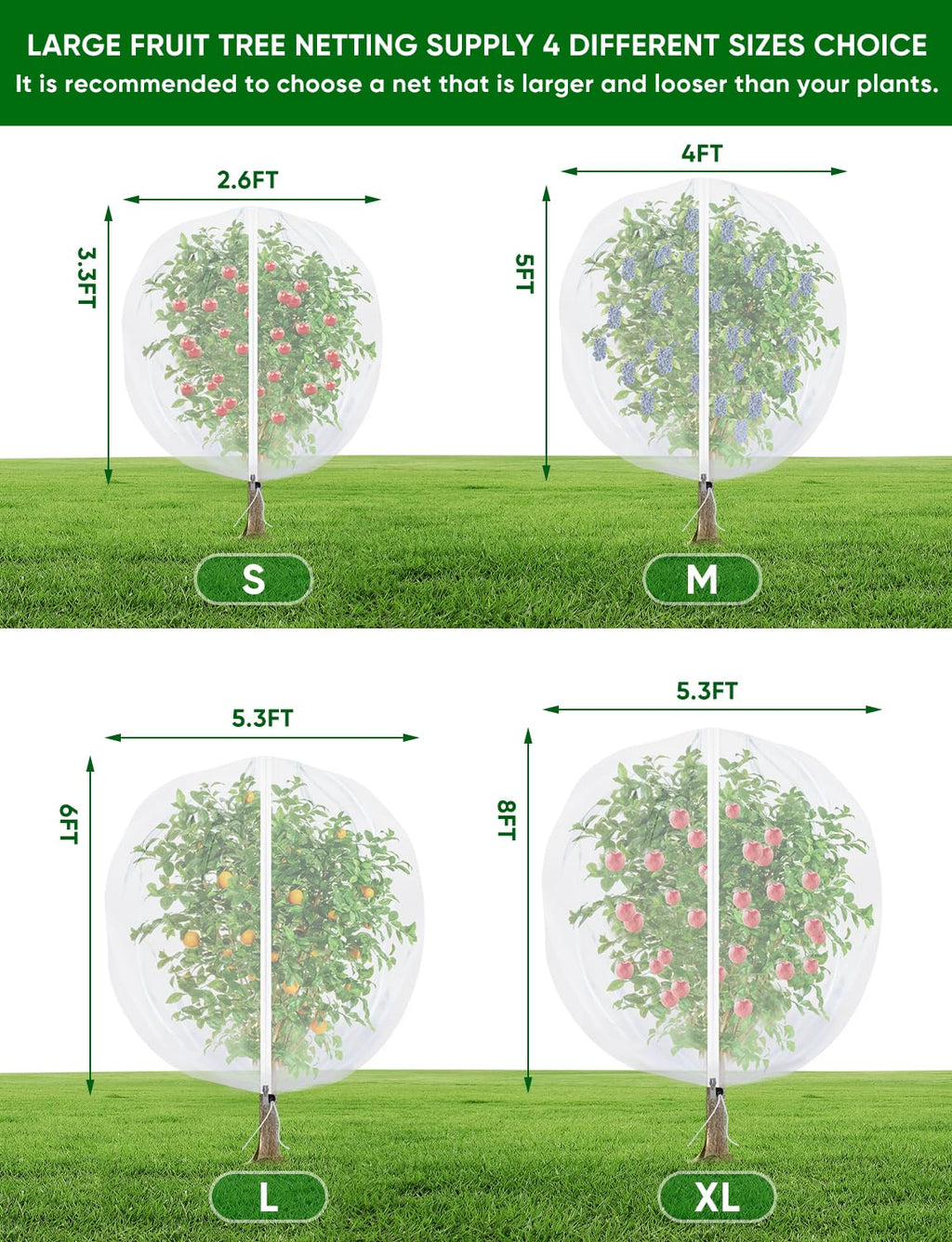 Fruit Tree Netting for Cicadas - with Zipper 4Pcs 5 x 4FT Garden Bird Netting for Blueberry Bushes with Drawstring,Insect Plant Protection Mesh Net Bags for Tomato,Cicada,Animals (4, 4 x 5 FT)