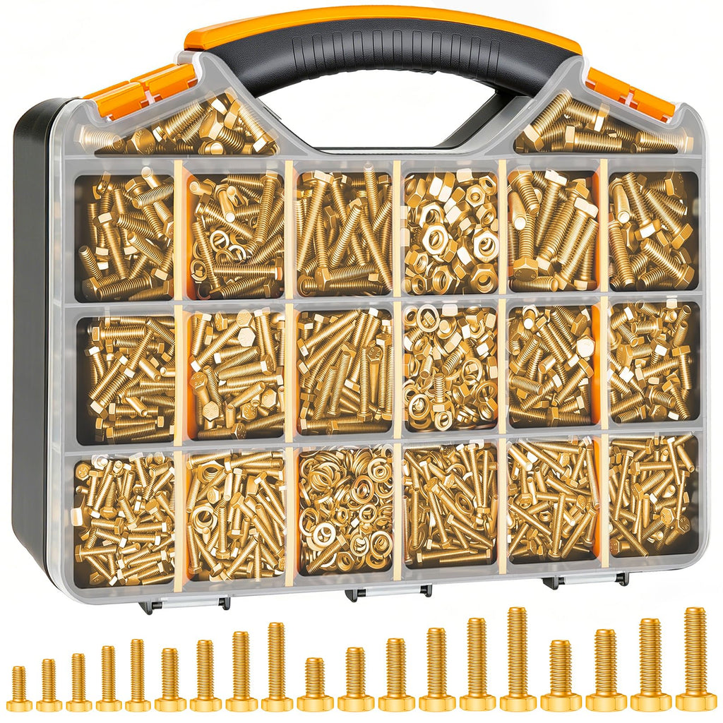 Twidec/1505PCS Metric Bolt Assortment M4/M5/M6/M8 Length from 12-40mm Grade 8.8 Hex Head Nuts and Bolts Assortment Kit,Heavy Duty Bolts and Nuts Kit, Flat & Spring Lock Washer Gold Zinc Plating