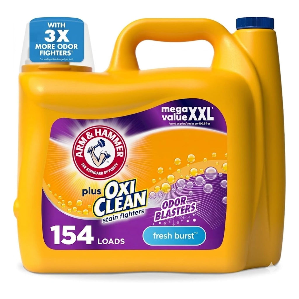 ARM & HAMMER Plus OxiClean with Odor Blasters Liquid Laundry Detergent, Laundry Odor Remover, Attacks Stains, Fresh Burst Scent, 154 Loads, 200.2 Fl Oz