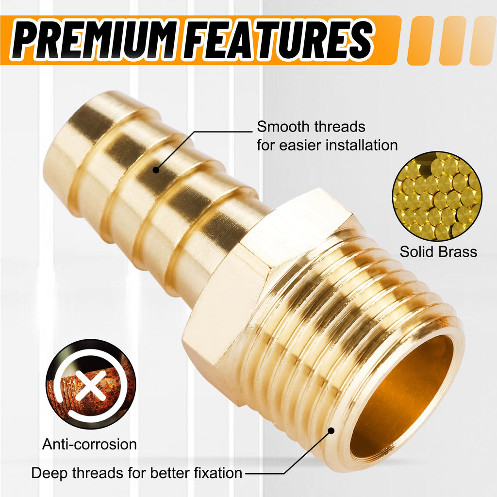Ailbiuko 22Pcs Brass Hose Fittings, 3/8" Barb to 1/4" NPT, 1/4" Barb to 1/4" NPT Male, 1/8" 1/4" 3/8" 1/2" Barbed Air Hose Kit with 44Pcs Pipe Hose Clamps