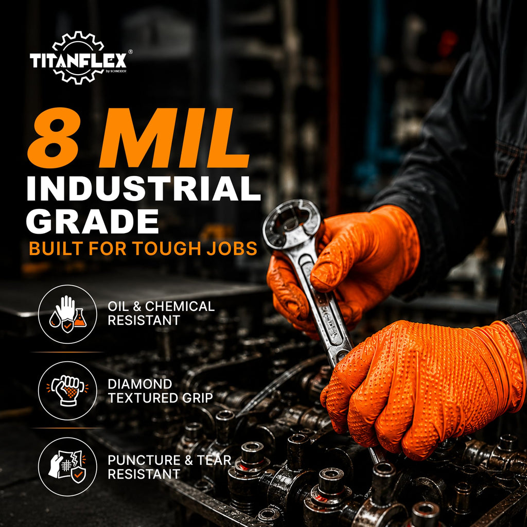 TitanFlex Heavy Duty Industrial Orange Nitrile Gloves, 8-mil, Gloves Disposable Latex Free with Raised Diamond Texture Grip, Powder Free, Rubber Glove, Mechanic Gloves,100-ct Box (XL)