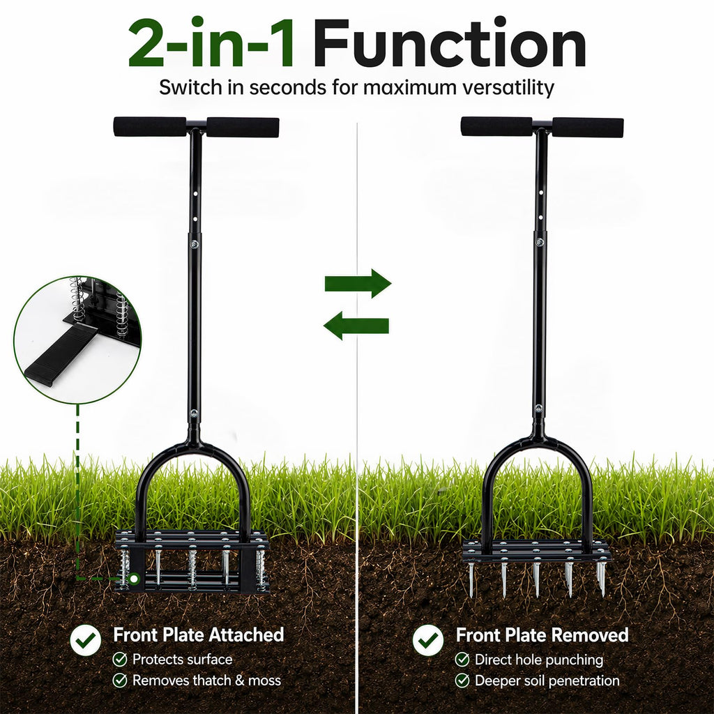 Furfrolic Lawn Aerator - 2-in-1 Manual Aerator with Automatic Dirt and Leaf Clean, Heavy-Duty Reinforced 15 Spikes & Ergonomic T-Handle for Lawn Maintenance, Garden Care, Yard Work (Black)