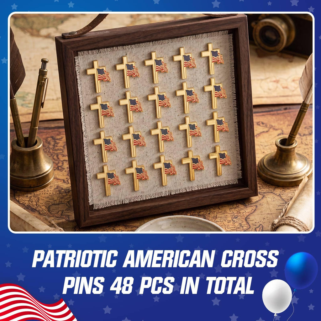 Huquary 24 Pcs Patriotic Cross with Waving American Flag Metal USA Flag Lapel Pins for American Patriotic Suits Jackets Hats Backpacks Clothes Decor