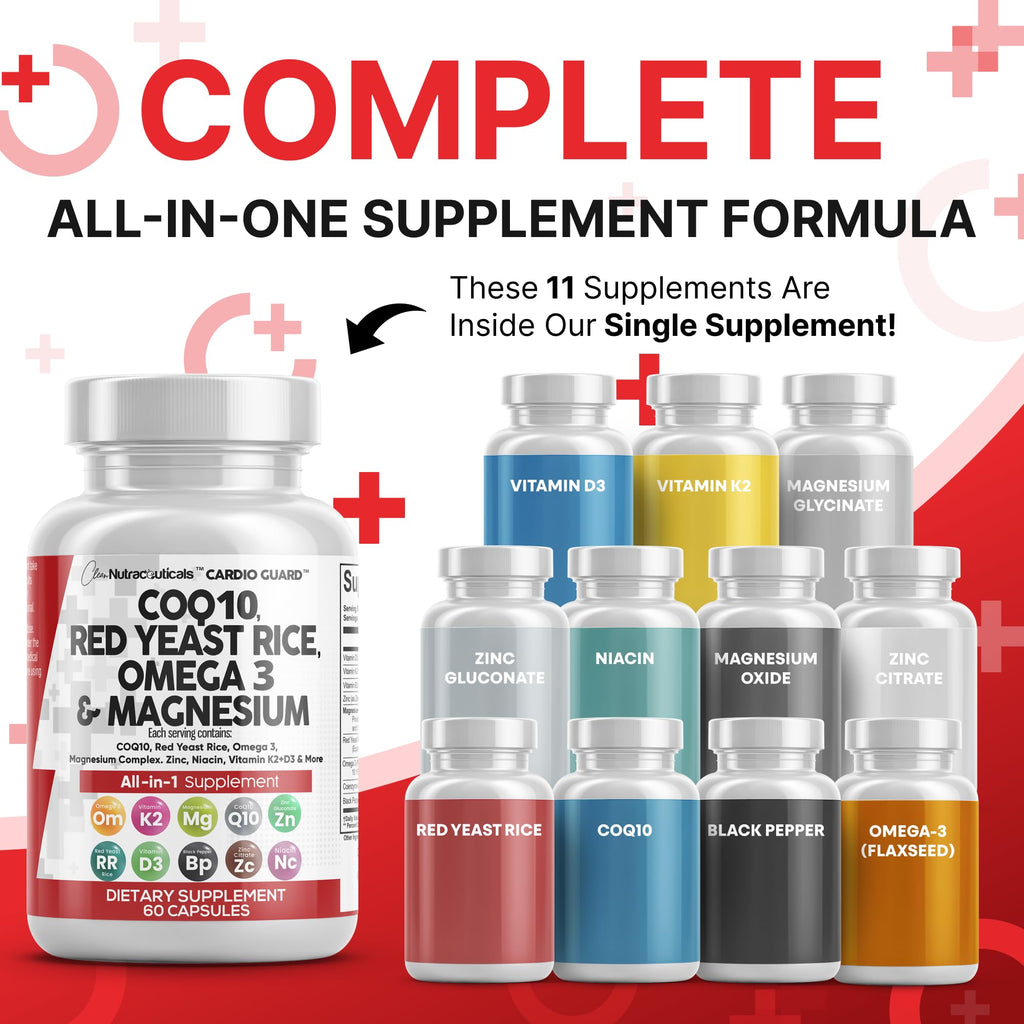 Clean Nutraceuticals COQ10 200mg Red Yeast Rice Omega 3 Magnesium Complex 500mg Niacin Zinc Vitamin K2 D3 - Heart Support Vitamins for Women & Men w/Vitamin B3, Coenzyme Q10-60 Ct
