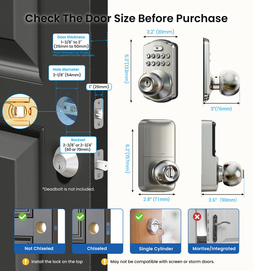 Veise KS03 Keypad Door Knob Lock, Keyless Entry Digital Lock with Handle, Electronic Smart Knob for Front Door & Bedroom, Easy Install, Auto Lock, Passage Mode, Anti-Peeping Password, Satin Nickel