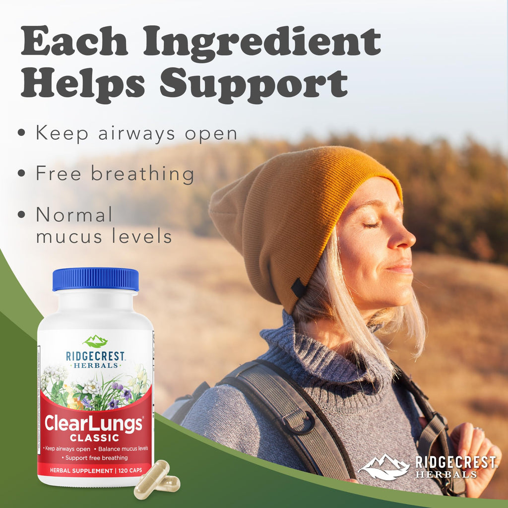 RidgeCrest Herbals ClearLungs Classic, Daily Health Supplement, Natural Lung and Nasal Wellness Formula for Bronchial, Respiratory, Immune, Sinus, and Mucus Support (120 Vegan Caps, 60 Serv)