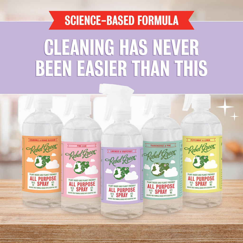 Rebel Green Natural 16 oz All-Purpose Cleaning Spray with 64 oz Refill Bottle - Plant-Based Multi-Surface Cleaner for Kitchen, Bath, Countertops and More - Lavender & Grapefruit Scent