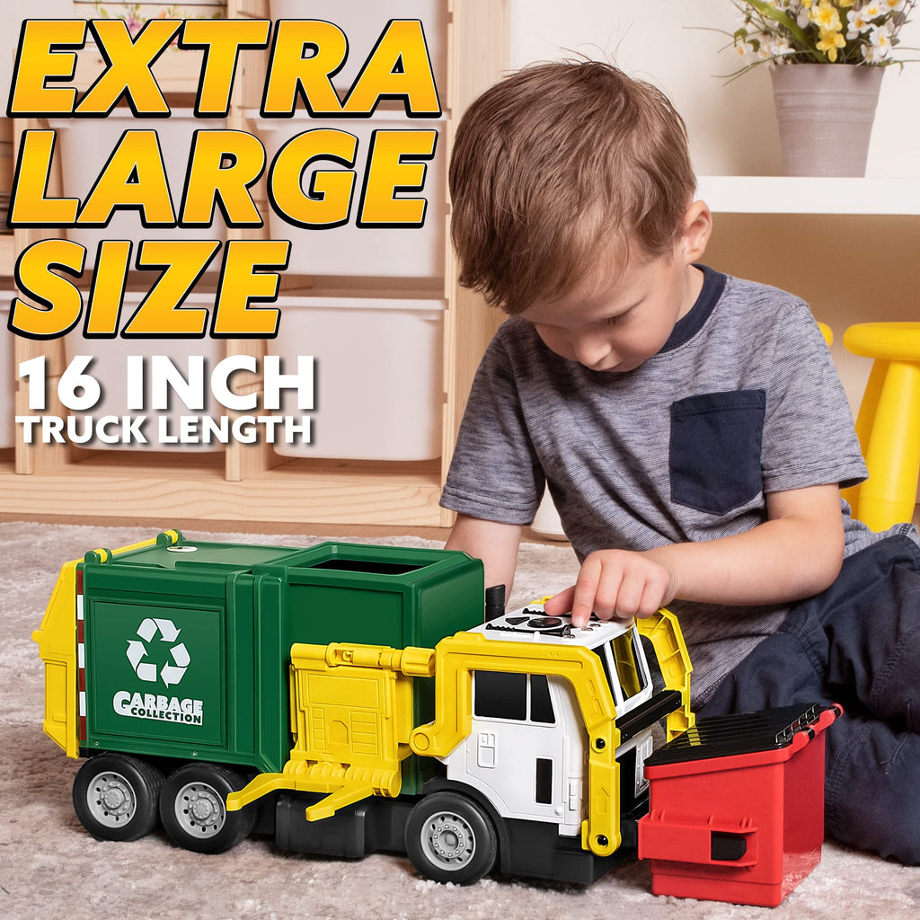 JOYIN Garbage Truck Toys, Toys for 3 4 5 6 7 8+Years Old Boys, Bin Lorry Toy, Realistic Big Garbage Truck with Lights and Sounds,Front Load Dumpster,Trash Bins with Trash Cards,Birthday Gifts for Boys