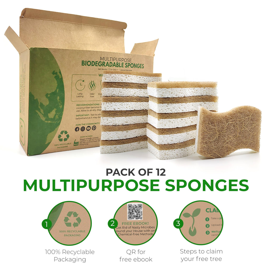 AIRNEX Natural Kitchen Sponges (12 Pack) - Biodegradable Cellulose & Coconut Scrubber Dish Sponges for Kitchen - Eco-Friendly, Non Scratch, Compostable, Non Toxic S-Shaped Natural Sponges for Dishes