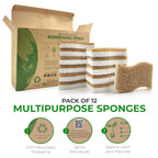 AIRNEX Natural Kitchen Sponges (12 Pack) - Biodegradable Cellulose & Coconut Scrubber Dish Sponges for Kitchen - Eco-Friendly, Non Scratch, Compostable, Non Toxic S-Shaped Natural Sponges for Dishes