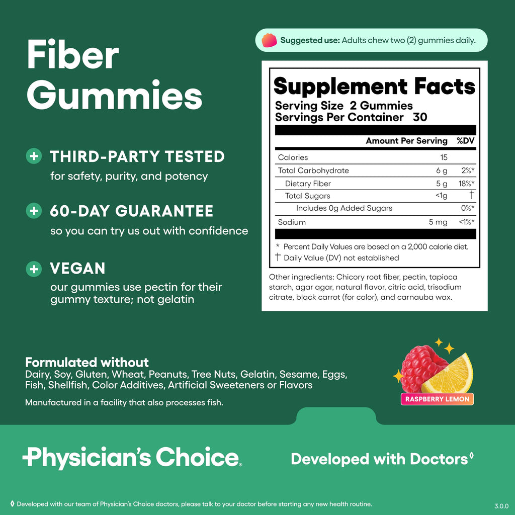Physician’s Choice Fiber Gummies for Digestive Health & Regularity - Raspberry Lemon Flavor - No Sugar Added & Vegan - Natural Chicory Root Prebiotic Fiber - Daily Gummy for Adults, Women & Men - 60CT
