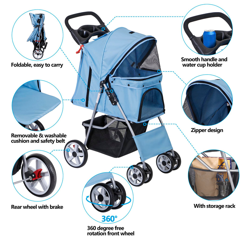 LEMY Pet Stroller,4 Wheels Dog Cat Stroller for Small Medium Dog Cats Carrier Jogger Travel Foldable Puppy with Storage Basket and Cup Holder(Blue)