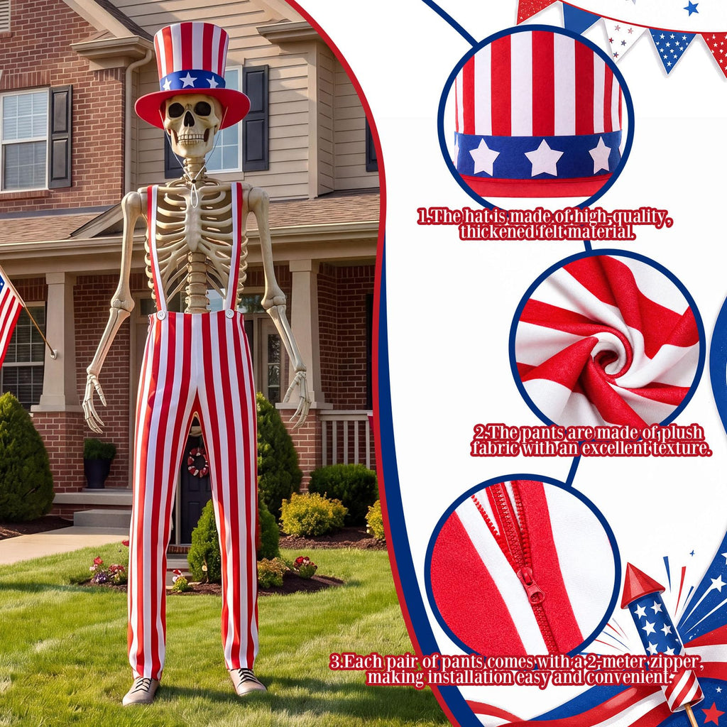 Funnysoft 4th of July 12ft Skeleton Outfits, Patriotic Giant Skeleton Costume with USA Star Pattern Hat, Independence Day White Red Striped Overalls for Garden Lawn Decor 250th Anniversary Celebration