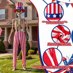 Funnysoft 4th of July 12ft Skeleton Outfits, Patriotic Giant Skeleton Costume with USA Star Pattern Hat, Independence Day White Red Striped Overalls for Garden Lawn Decor 250th Anniversary Celebration