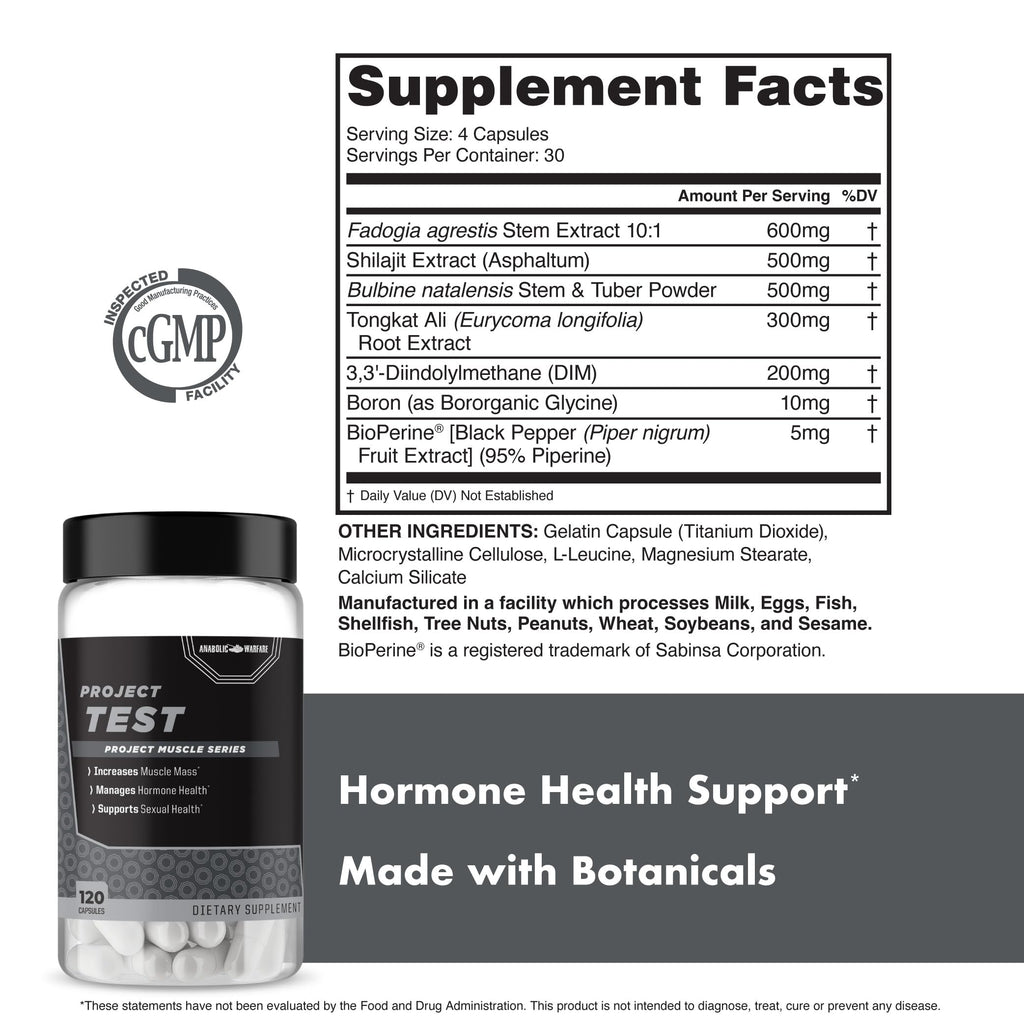 Anabolic Warfare Project Test, Support Muscle Mass & Strength*, Manage Hormone Health*, Support Sexual Health*, Made with Botanicals