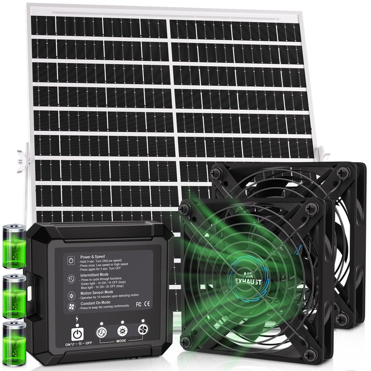 Solar Powered Fan for Chicken Coop, 25W Solar Panel, 2 * 4.7" Fans, 3 Smart Mode, Solar Exhaust Fan for Chicken Coop, Shed, Pet House