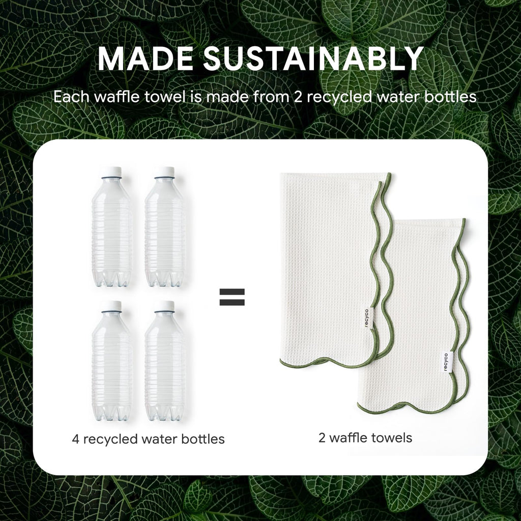 RECYCO Waffle Kitchen Towel Set of 2 - Quick Dry Microfiber Sustainable Dish Towels - Ultra Absorbent Reusable Cleaning Tea Towels - Lightweight Hand Towels,16”x 28”, Lorden Green
