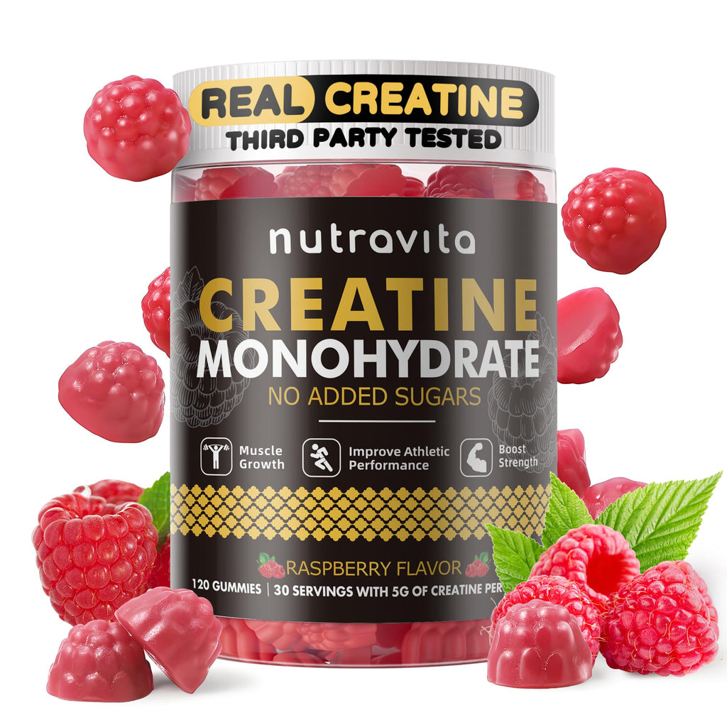 Nutravita Creatine Monohydrate Gummies for Men & Women-5g of Creatine Monohydrate per Serving - Sugar Free,Vegan, Raspberry Flavor, 120 Count