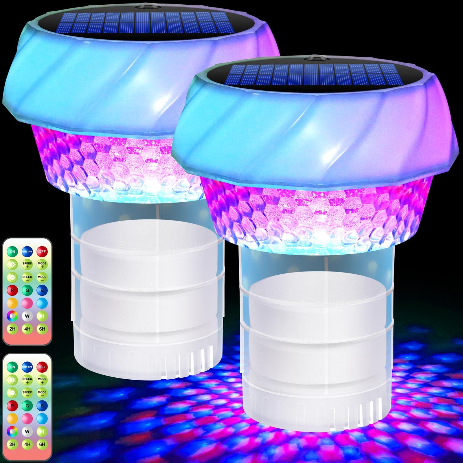 Blansong Solar Pool Chlorine Floater 2 Pack Adjustable Release Swimming Pool Chlorine Tablet Floater with Color Changing Floating Dispenser with Romote Control and Timer IP68 Waterproof