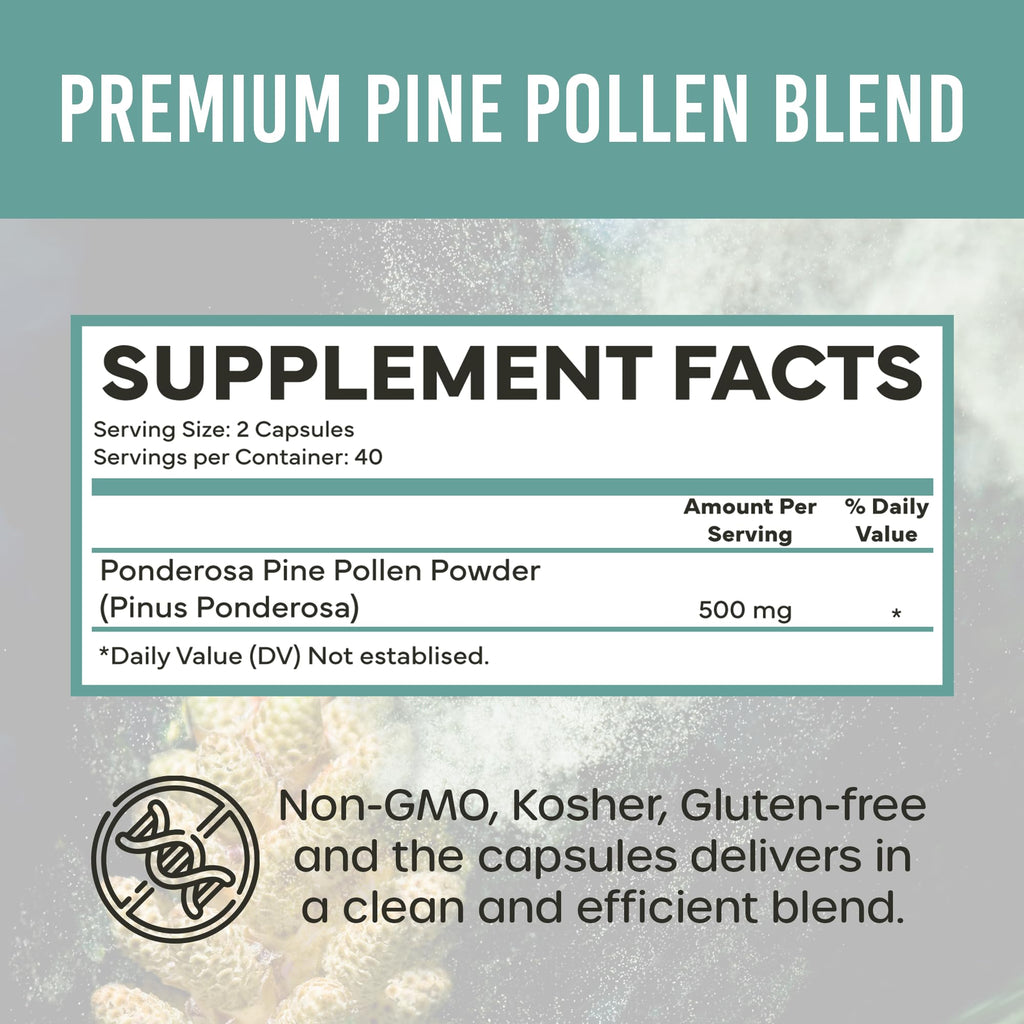 Holistic Bin Pine Pollen Capsules 500mg (Pinus Ponderosa) - Wild Harvested California Ponderosa Pine Pollen Powder - Olympic Grade - Organic, Non-GMO, No Fillers - 30 Day Supply (40 Capsules)