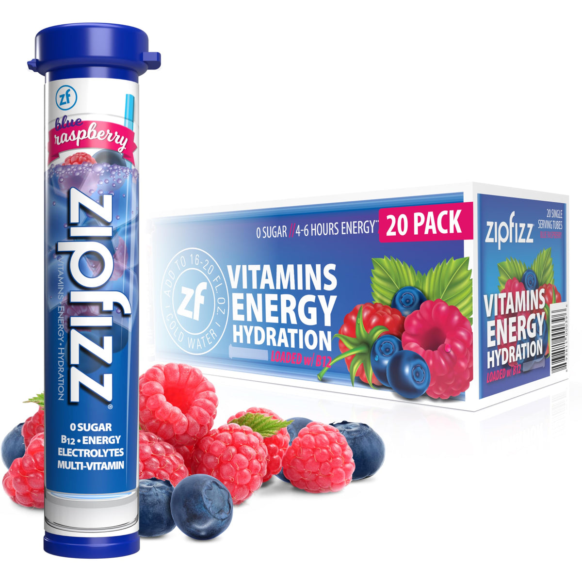 Zipfizz Energy Drink Powder, 20 Pack B12 Electrolyte - Blue Raspberry