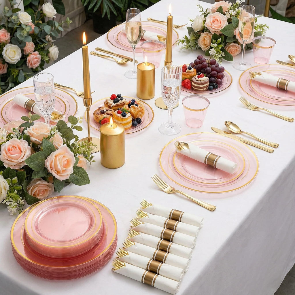 WELLIFE 210Pcs Clear-Pink Plastic Dinnerware- Pink and Gold Plastic Dinnerware include 30 Dinner Plates, 30 Dessert Plates, 90 Gold Silverware, 30 Cups and 30 Napkins Perfect for Parties