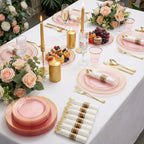 WELLIFE 210Pcs Clear-Pink Plastic Dinnerware- Pink and Gold Plastic Dinnerware include 30 Dinner Plates, 30 Dessert Plates, 90 Gold Silverware, 30 Cups and 30 Napkins Perfect for Parties