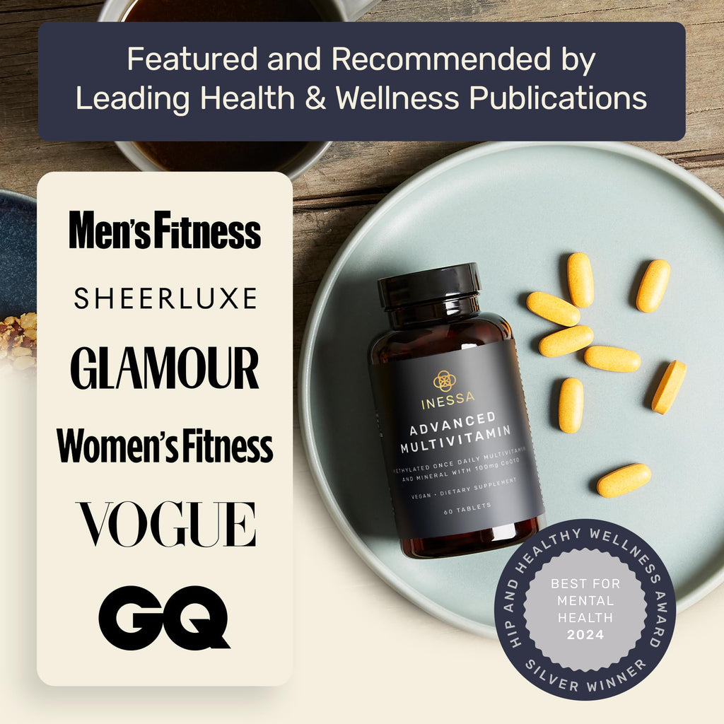 Inessa Methylated Multivitamin for Men and Women - Advanced Natural Daily Mens Multivitamins with CoQ10 100mg, Vitamins D3, K2, A, B Complex Vitamins, Folic Acid & Zinc - 60 Vegan Tablets