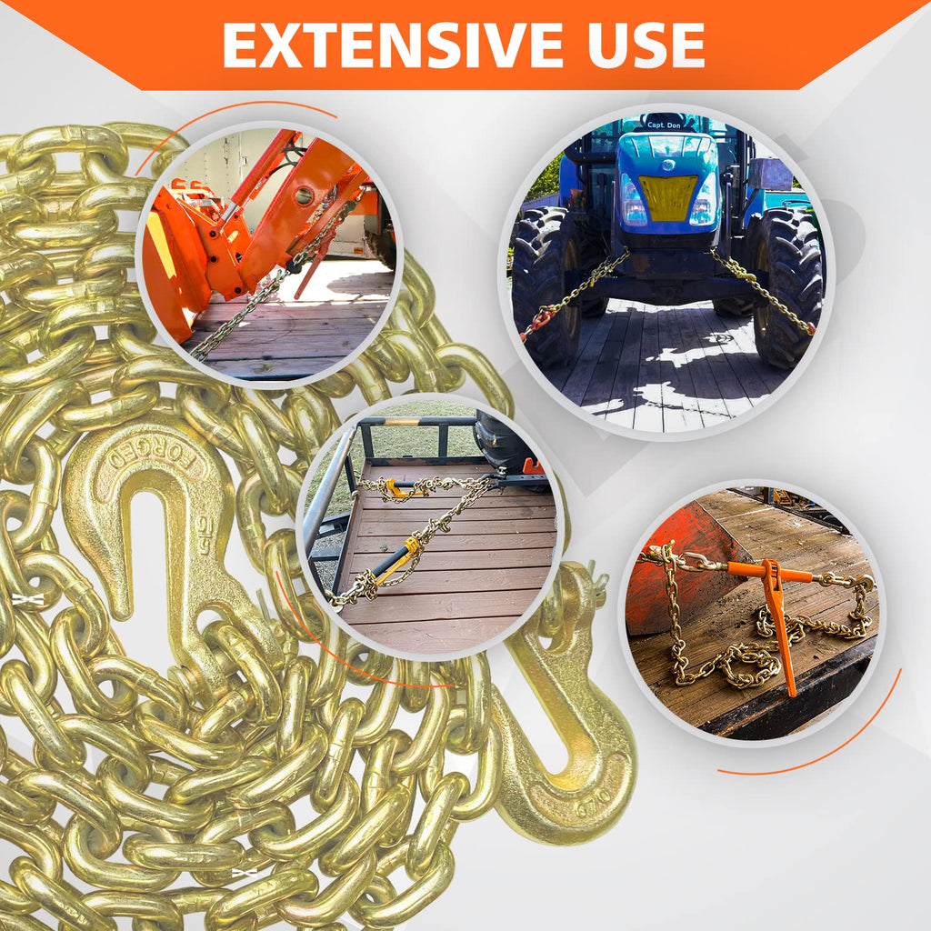 YATOINTO G80 Transport Binder Chain 5/16 Inch x 10 Foot Safety/Binder Chain with Clevis Grab Hooks 4,900 lbs Safe Working Load Logging Chain for Transporting Towing Tie Down Binding Equipment