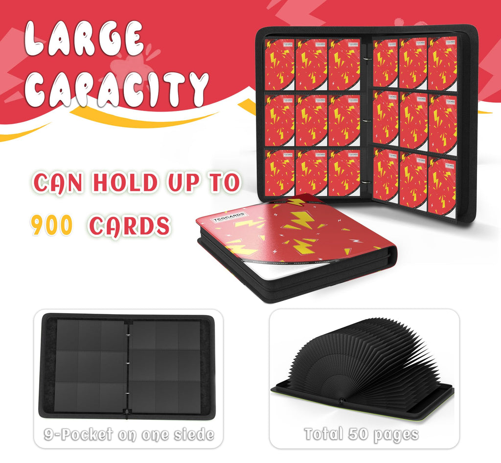 Trading Card Binder 9 Pocket,Card Binder 900 Pockets,Card Book Holder Cards with 50 Removable Sleeves,3-Ring Zip Design MTG/TCG/Sport Collectible Trading Card Albums Gifts for Boys and Girls (Red)