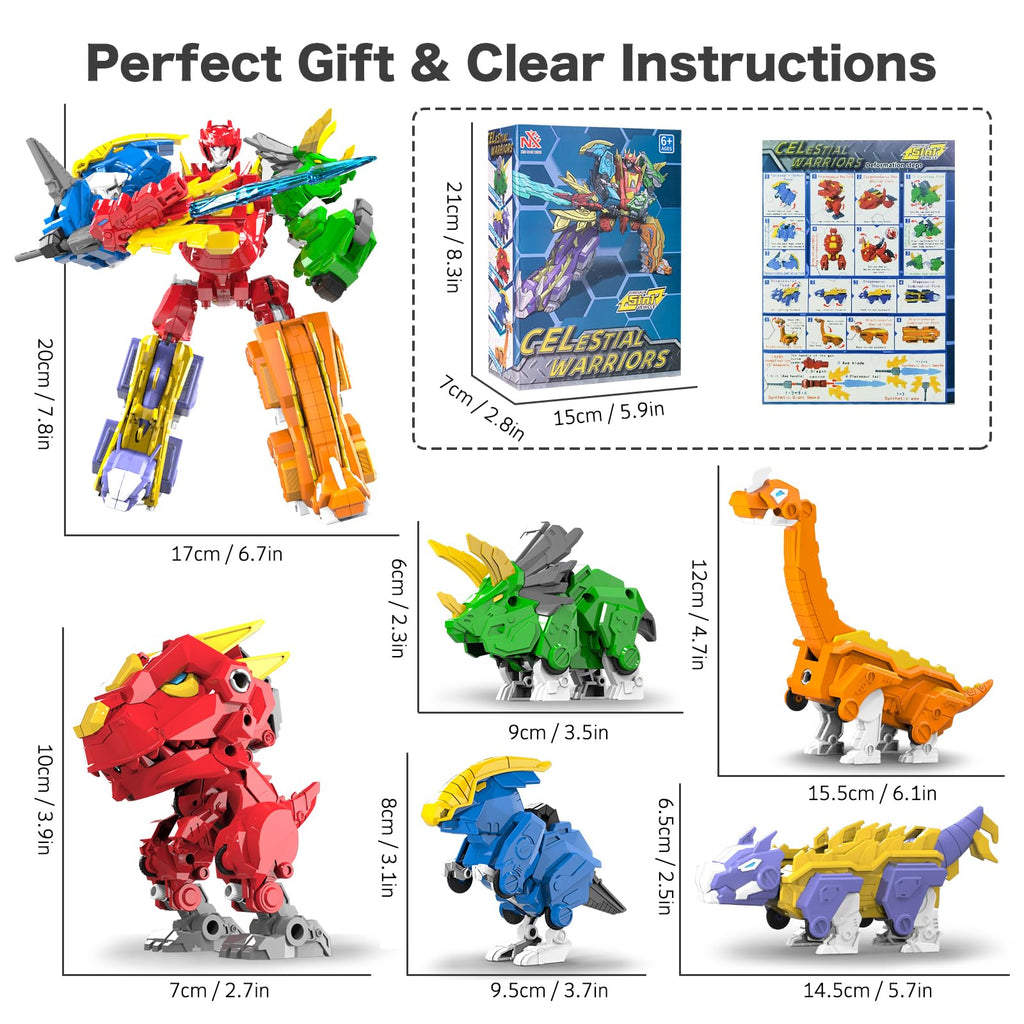 RISUNTOY 6+ Kids 5-in-1 Dinosaur Transforming Robot Toy - Safe, Durable, Easy Assembly | Educational Gift for Boys & Girls - Build & Combine into Mega Robot with Weapon