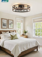 LEDIARY 23" Caged Ceiling Fan with Light and Remote, Low Profile Flush Mount Fandelier, Black Gold Bladeless Enclosed Small Fan Lights Ceiling Fixtures, Rustic Farmhouse Style for Bedroom, Outdoor