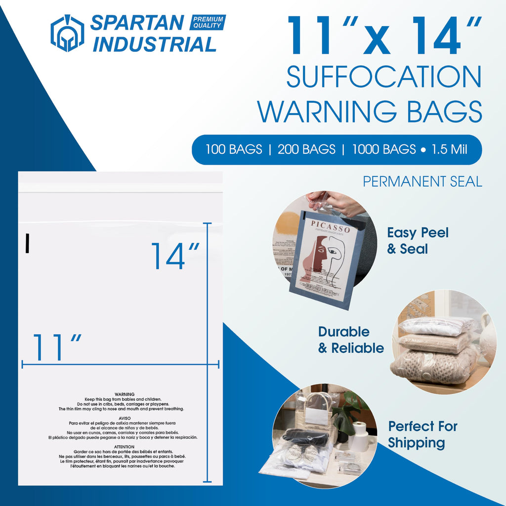 Spartan Industrial - 11” X 14” (100 Count) Self Seal Clear Poly Bags with Suffocation Warning for Packaging, T Shirts - Permanent Adhesive