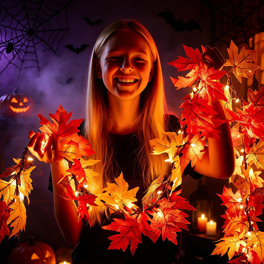 Fall Decorations for Home 9Ft Plug in Fall Garland with Lights Lush and Thicker Large Leaves, 50 Orange Bulbs Prelit Connectable UL Certified Fall Lights for Autumn Thanksgiving Halloween Decorations