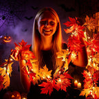 Fall Decorations for Home 9Ft Plug in Fall Garland with Lights Lush and Thicker Large Leaves, 50 Orange Bulbs Prelit Connectable UL Certified Fall Lights for Autumn Thanksgiving Halloween Decorations
