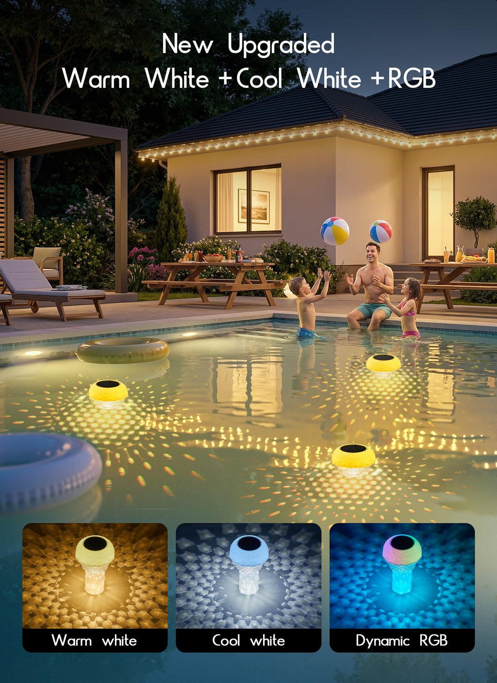 Brightown Floating Pool Lights Solar Powered 2 Pack, RGBWW Solar Pool Lights Chlorine Tablet Floater with 20+ Light Effects, Remote Control, IP68 Waterproof Pools Light for Pools, Hot Tubs, Party