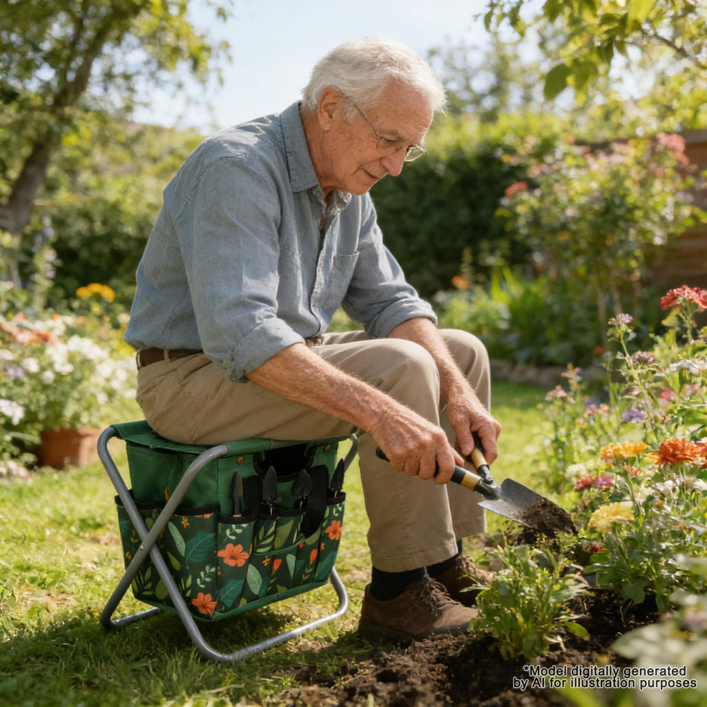 GeerDuo Folding Gardening Stool with Detachable Storage Tote Bag, Multifunctional Gardening Tools Set Organizer for Fishing and Camping,Portable Garden Chair Seat for Adults (Green Flower)