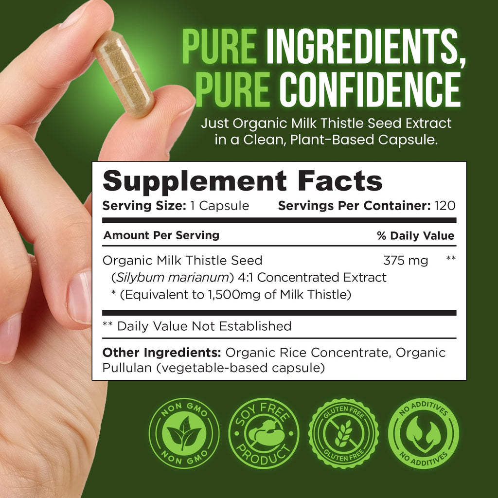 OmniBiotics Organic Milk Thistle Supplement 1500mg – 4X Concentrated Extract with Silymarin – High Potency Liver Detox & Support – 120 Vegan Capsules