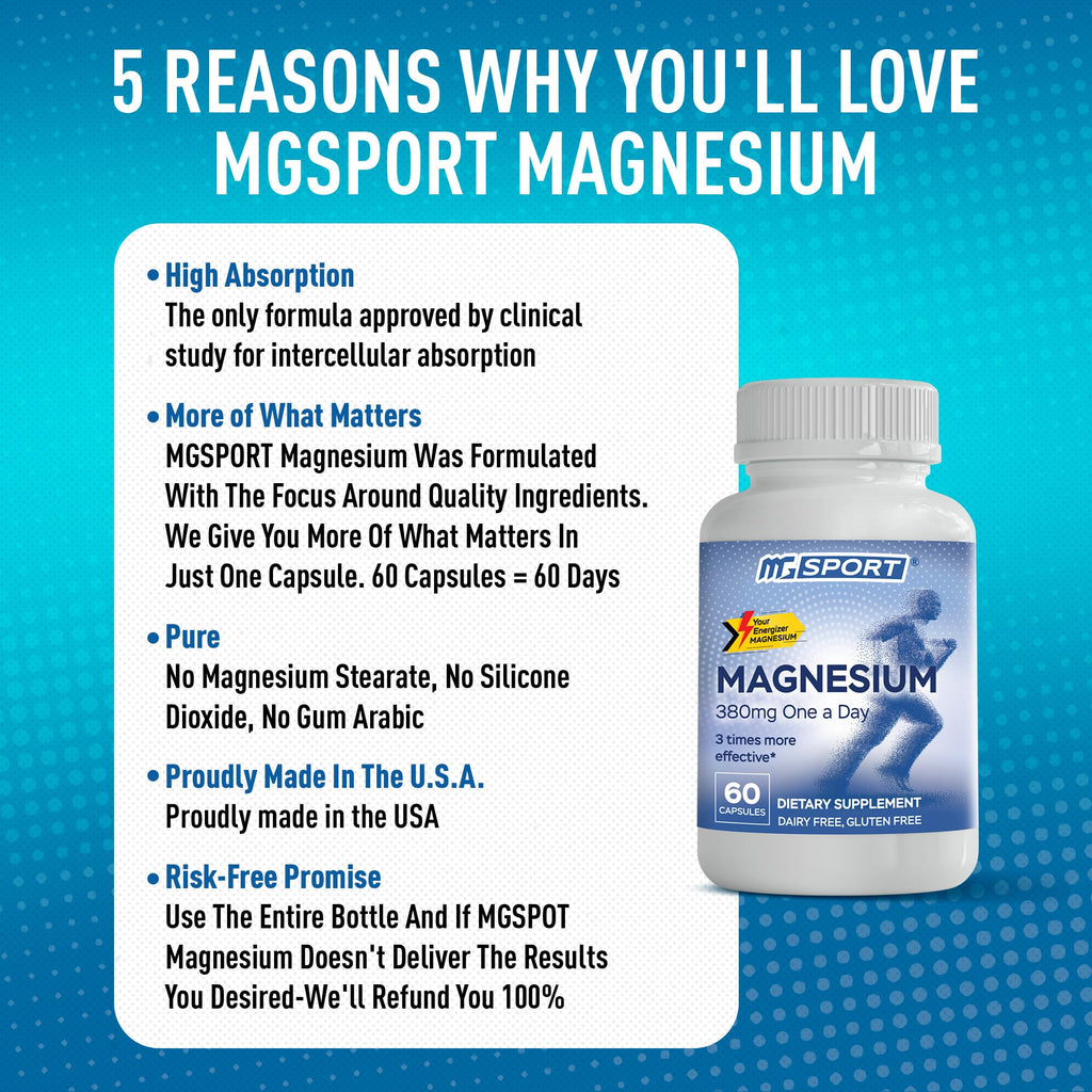 MGSPORT Magnesium Supplement 380mg - High Absorption Magnesium Complex Formula with Vitamins B6, D, E - Supports Muscle Function and Sleep Quality - 60 Servings